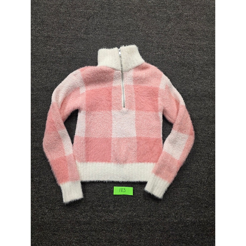 No Boundaries Pink White Buffalo Plaid Fuzzy Quarter Zip Sweater XS 0-2
